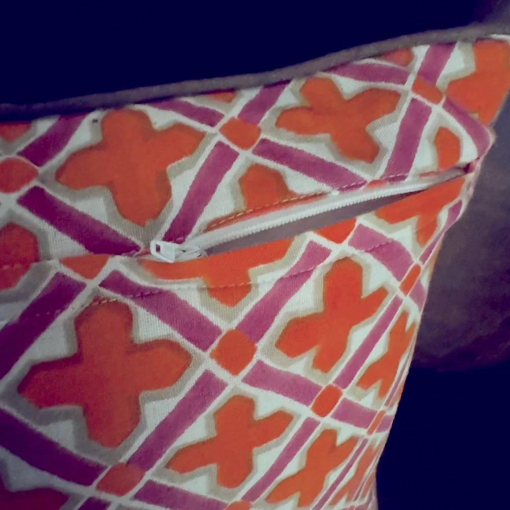 Two Jonathan Adler Accent Pillows 16” Square in Bold Orange & Purple Print